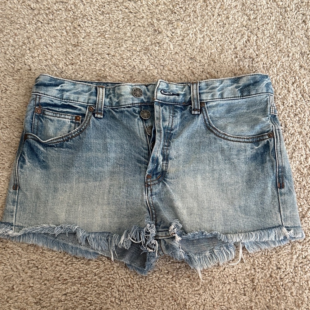Free People Light Blue Frayed Jean Shorts